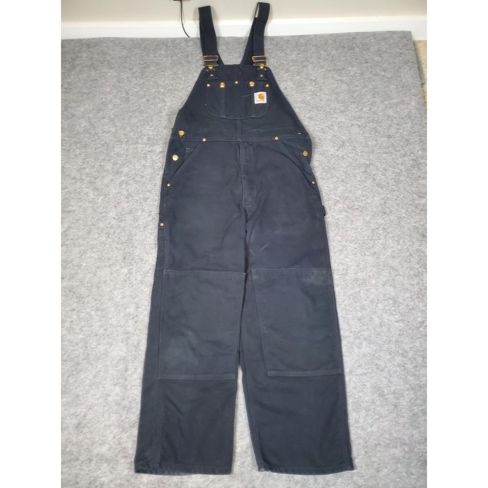 Carhartt R01-BLK Double Knee Bib Overalls Men's Size 34x28 Black Duck Canvas